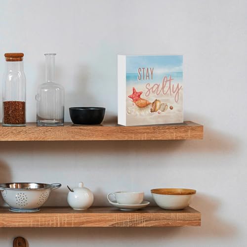 Summer Beach Sign Decor Summer Decorations for Home Coastal Beach Theme House Room Bedroom Bathroom Classroom Decor Stay Salty Wooden Box Sign 5 X 5 Inch - color: Stay