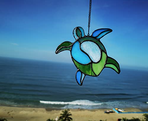 Sea Turtle Stained Glass Window Hangings Suncatcher Ornament,Sea Turtle Decor for Bathroom Office,Navy Beach Theme Decoration Gift for Parents Grandma Aunt Housewarming Gifts - color: E