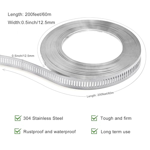 Hose Clamps, DIY 200 FT Metal Strap + 80 Fasteners, Hose Clamps Stainless Steel, Large Adjustable Hose Clamp Pipe Clamp for Pipe Automotive Mechanical Applications - size: 200 FT Metal Strap + 80 Fasteners