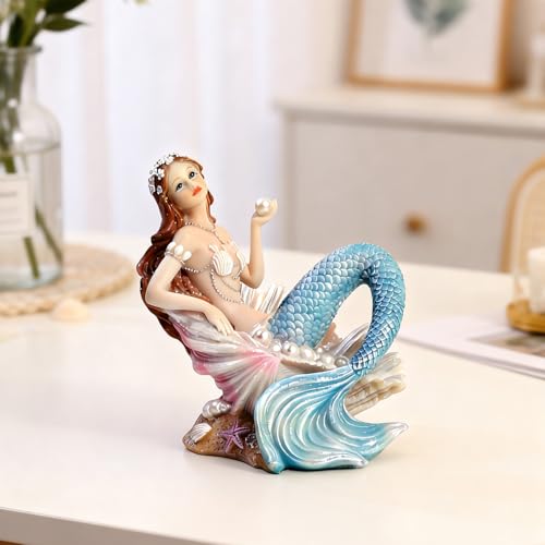 Rayberro 4.72" Mermaid Figurine Resin Mermaid Sculpture Mediterranean Princess Statue Home Office Desktop Ornaments Bookshelf Decor Mermaid Collectible Crafts Fish Tank Aquarium Decoration - color: Blue Pearl