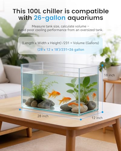 BAOSHISHAN 1/13 HP Aquarium Chiller 26 Gallon 100L Water Cooling System | Upgrade Durable Pump and Tubing, Quiet Compressor Refrigeration, Precise Cooling for Axolotl Fish and Reef Tanks - size: 100L