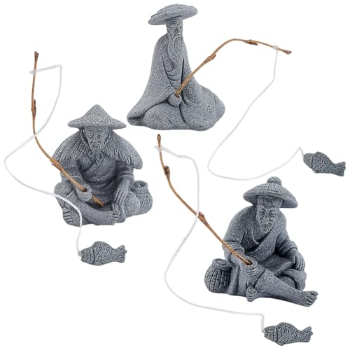 WEBEEDY 3 Styles Mini Fisherman Figurine Old Man Statues Zen Decoration,Chinese Sitting Fishing Sandstone Vintage Ornament for Aquarium Fish Tank Fairy Zen Garden Micro Landscape Flower Pot Decor