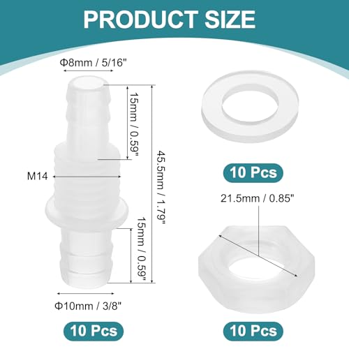 uxcell 10Pcs Plastic Hose Barb Fitting, 5/16" x 3/8" Bulkhead Adapter Union Splicer Mender Pipe Connector with M14 Nut and Washer for Aquarium Air Water Fuel - size: 5/16" x 3/8", M14 Nut