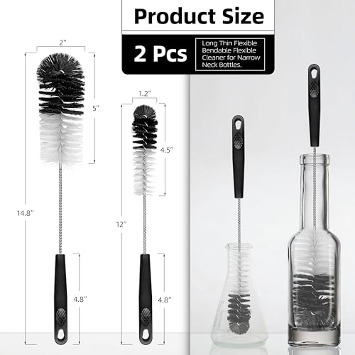 2 Pcs Bottle Brushes Set, Long Thin Flexible Bendable Flexible Cleaner for Narrow Neck Bottles, Water/Wine/Beer/Baby Bottles, Pipes, Tubes, Hoses, Teapots - Bendable & Dishwasher Safe