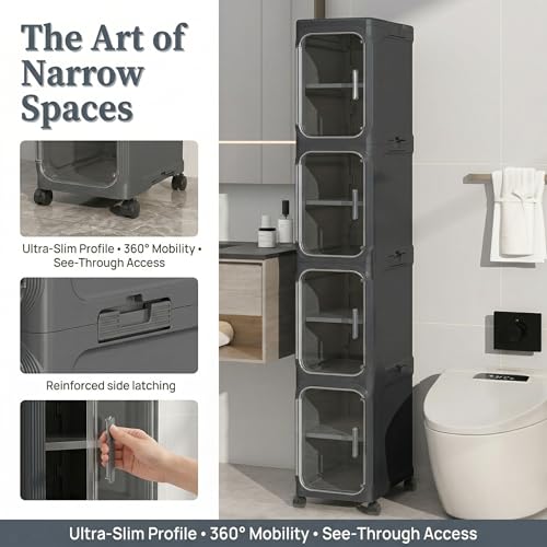 KHNR 3-Tiers Slim Bathroom Storage Cabinet, Foldable Storage Cabinets,Narrow Bathroom Storage,Movable Bathroom Storage Organizer for Small Spaces,Bathroom,Kitchen,Laundry,Black - color: Black, size: 3-Tiers