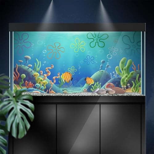 24 x 12 in Aquarium Background Stickers for 5-10 Gallon Tanks, 3D Cartoon Underwater Self-Adhesive Fish Tank Reptile Terrarium Decor Poster