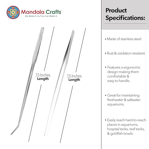 Mandala Crafts 15 Inches Silver Stainless Steel Straight and Curved Aquarium Tweezers for Aquatic Plants – Long Aquascape Forceps for Fish Tanks, Hospital Tanks, Goldfish Bowls, and Terrariums - color: Stainless Steel Curved Straight Tweezers, size: 15 In