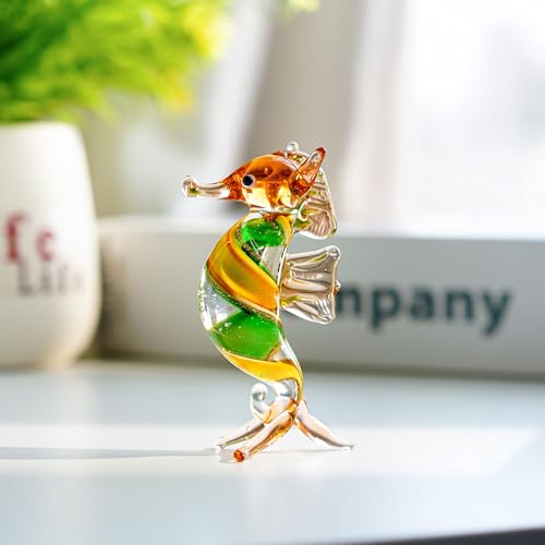 HDCRYSTALGIFTS 3'' Handmade Seahorse Art Glass Blown Miniature Sea Animal Figurine Collectible Gift Ocean Decor - color: Seahorse