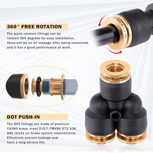 CheeMuii 39 PCS DOT Air Line Quick Connect Fittings 1/4" 3/8" 1/2" Push to Connect Fittings DOT Brass Air Hose Fittings Repair Kit for Semi Truck Air Line Kit or Industrial Air System - size: 39PCS