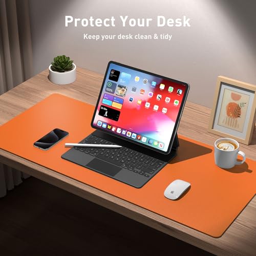 Aothia Leather Desk Pad Protector, Mouse Pad, Office Desk Mat, Non-Slip PU Leather Desk Blotter, Laptop Desk Pad, Waterproof Desk Writing Pad for Office and Home (23.6" x 13.7", Hermes Orange) - color: Hermes Orange, size: 23.6" x 13.7"