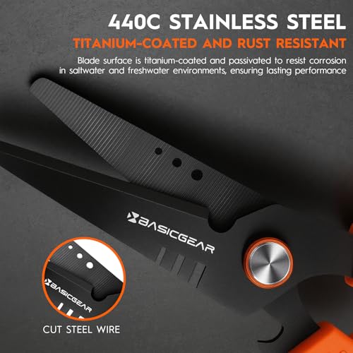 BasicGear Fishing Multi-Tool Scissors – Titanium-Coated, Stainless Steel, Multi-Tool Cutter with Hook Adjuster, Screwdriver, Bottle Opener, Sheath & Non-Slip Grip for Saltwater or Freshwater Use - color: 440c Stainless Steel