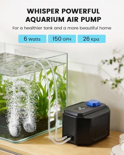 fishkeeper Strong Aquarium Air Pump – Ultra-Quiet 6W/10W Fish Tank Air Pump with Stainless Steel Dual Outlets, Adjustable Oxygen Aerator Pump with Air Stone Bubbler Kit for 1–200 Gallon - size: 6W(for Up to 120 Gallon Tanks)