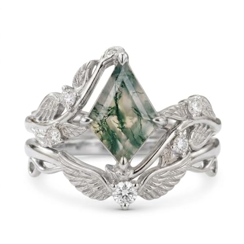 Natural Moss Agate Engagement Ring Set for Women, Unique Genuine Moss Agate Ring, 925 Sterling Silver 10K 14K 18K Solid Gold Nature Inspired Bridal Set, Boho Wedding Jewelry Gift - color: Eight