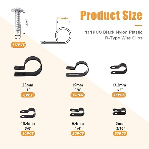 mankk 222PCS Cable Clips Wire Clips Assortment Kit Nylon Plastic R-Type Cable Clamps 6 Sizes (3/16'' 1/4'' 3/8'' 1/2'' 3/4'' 1'') Wire Mounting Clips with Screws for Cable Management - size: 6 Size-222PCS