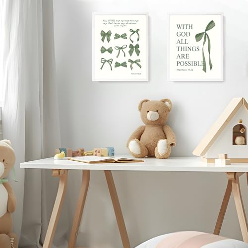 LARTSFRO Coquette Green Bow Wall Art Decor Posters, Olive Green Bow Christian Room Bedroom Bathroom Dorm Wall Art Decor Aesthetic for College Teen Girls Gifts, Inspirational Bible Verses Bow Wall Decor, 10x8 Inch Set of 4 Pcs Bow Pictures (UNFRAMED) - col