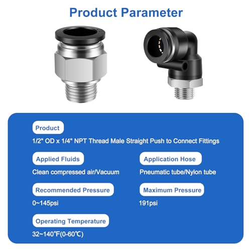12 Pcs Push to Connect Fittings 1/2 Inch Tube OD x 1/4 Inch NPT Thread Pneumatic Male Straight and Elbow Quick Connect Air line fittings - size: 1/2"OD x 1/4"NPT