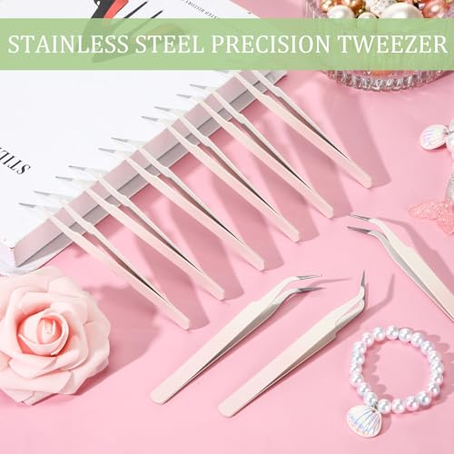 Honoson 9 Pieces Curved Pointed Craft Tweezers Stainless Steel Precision Tweezer with Protective Cover for Rhinestones Dried Flowers Craft Stickers Eyelash Extension Jewelry Making (Gradient Pink) - color: Gradient Pink