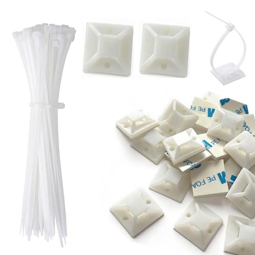 Strong Back-Glue Self Adhesive Cable Zip Tie Mounts Kit - 50 Set Cable Management Clips with 6" Zip Ties, Wire Holders - Outdoor Sticky Wire Organizer Clips-Black (50 Set, White) - color: White, size: 50 Set