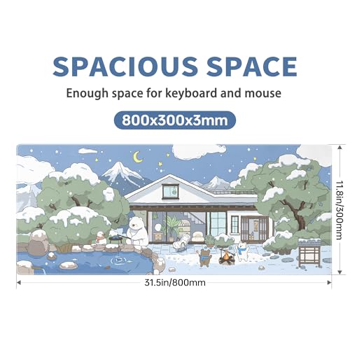 Kawaii Mouse Pad Large Desk Mat Extended Keyboard Mouse Pad Cute Mousepad with Non-Slip Base and Stitched Edge Funny Bear Mouse Mat Desk Pad 31.5 x 11.8 in Mouse Pads for Desk Decor Home Office Gaming - color: Snow Bear