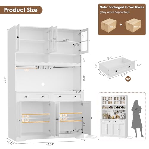 HOSTACK 75.4" Tall Kitchen Pantry Cabinet with Charging Station, Modern White Kitchen Hutch with Microwave Stand and Wine Racks, Large Food Pantry Storage Cabinet with Glass Doors and Drawers, White - color: White