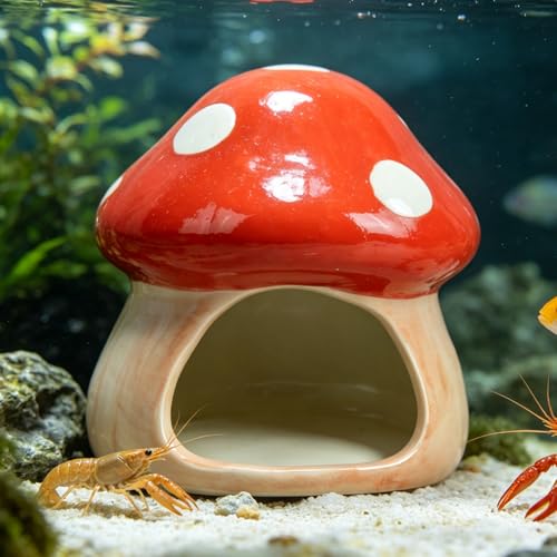 AnRui Ceramic Betta Fish Tank Accessories Decor Cute Mushroom House Aquarium Decoration Hideout Cave Ornament for Small Fish, Shrimp, Goldfish and Reptiles (Red) - color: Red