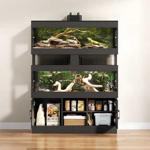 Dual 60 Gallon Reptile Tank with Stand,Reptile Enclosure,Bearded Dragon Tank,Reptile Terrarium with Cabinet,Sliding Doors,Power Outlet for Snakes,Lizards,Crested Geckos Black CAGE003B - color: Black, size: 60 Gallon+60 Gallon
