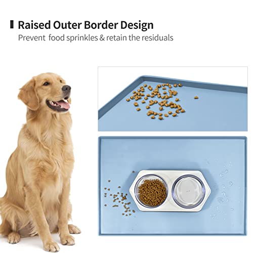 Dog Food Mat,Silicone Waterproof Food Tray,Non Slip Pet Bowl Mats Placemat,0.6" Raised Edge,Suitable for Most Small and Medium Sized Pets,18.5" x 11.5" - color: Warship Blue, size: 18.5" x 11.5"
