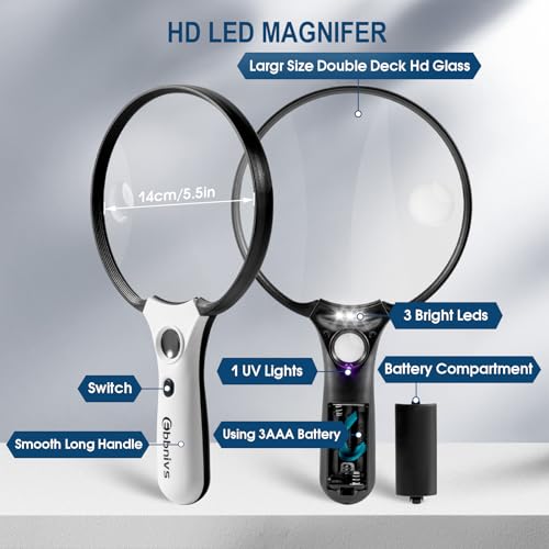 Large Magnifying Glass with Light, Magnifier Handheld Illuminated Lighted Magnifier with 3 LED Lights 1 UV Light Storage Bag Clean Cloth for Seniors Reading Inspection