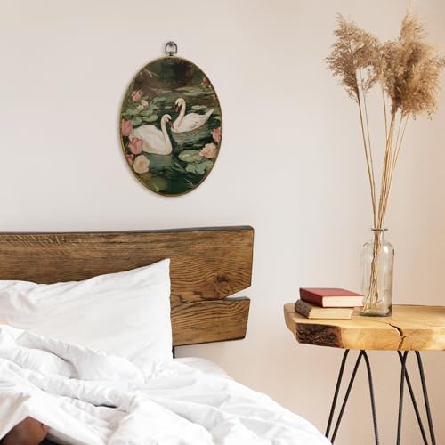 XFCICRLJ Vintage Floral Swan Wall Art Decor, Rustic Farmhouse Swan Oval Canvas Prints Framed, Cottagecore Botanical Elegant Animals Wall Art Decorations for Home Bedroom Living Room Decor, 11x8.5 Inch - color: Swan04