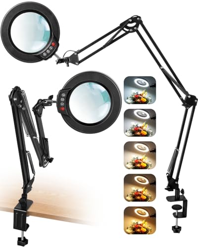 12X Magnifying Glass with Light and Clamp, Ultra Long 3 Section Swing Arm LED Desk Lamp, Real Glass Lens, 5 Color Modes Dimmable, Hands Free Lighted Magnifier with Stand for Repair Craft Close Work - color: Black, size: 12X 36inch Clamp