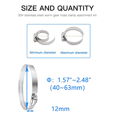 Quickun 10Pcs 2" Stainless Steel Hose Clamp Worm Gear Clamps Adjustable 1.57"-2.48"(40-63mm) Range, Fuel Line Clamp for Water Pipe, Hose Clips, Automative and Mechanical Application - size: 1.57"-2.48"