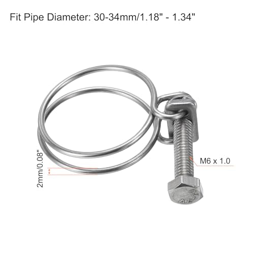 uxcell 10Pcs Double Wire Hose Clamp, 30-34mm Adjustable Stainless Steel Wire Hose Clips with M6 Bolt for Dust Collection Hose, Pump Hose Pipe - size: 30-34mm