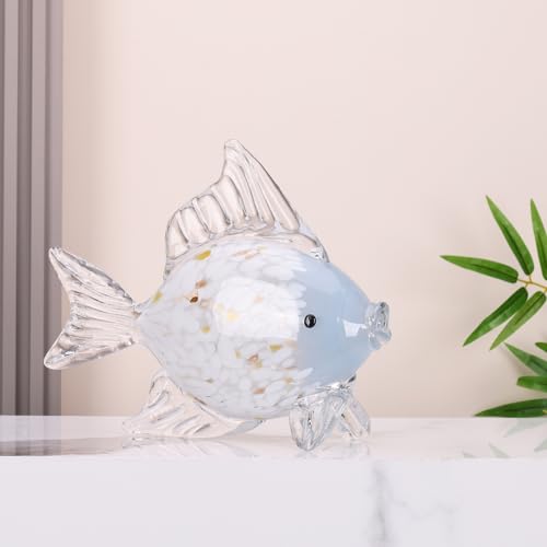 Large Hand Blown Glass Fish Figurines, Aquarium Sea Glass Art, Blue White Fish Statue Sculpture Modern Coastal Accent - for Beach Knick Knacks, Coffee Tables, Nautical Offices Centerpiece - color: Blue White