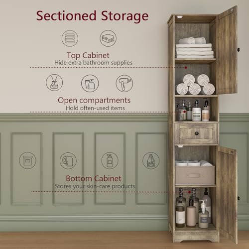 Tall Bathroom Cabinet,Storage Cabinet with 5 Shelves & 1 Drawer, with Adjustable Shelve, for Bathroom, Kitchen, Entryway, Living Room (Gray) - color: Grey