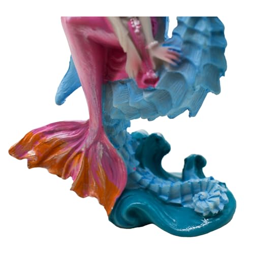 1Pcs Pink Mermaid with Seahorse Figurine Ornament Mediterranean Princess Statues Resin Aquarium Supplies for Garden Patio Fish Tank Home Office Desktop Bookshelf Craft Decors - color: Pink