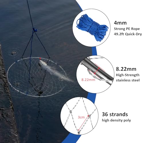 QualyQualy Foldable Pier Fishing Net 23" with Rust-Proof Stainless Steel Ring & Heavy-Duty Poly Mesh | Saltwater & Freshwater Landing Net for Kayak, Bridge Fishing Lightweight Durable Design - color: Gray, size: Without Handle