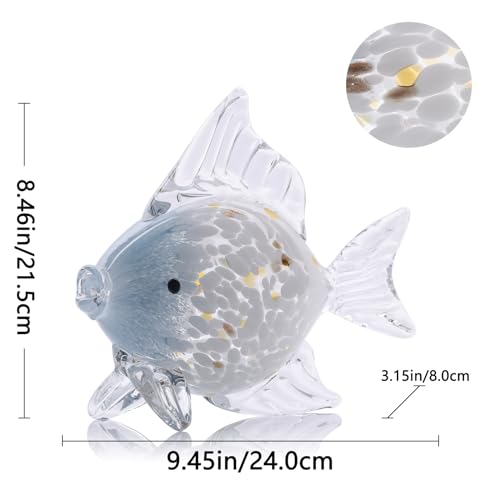 Large Hand Blown Glass Fish Figurines, Aquarium Sea Glass Art, Blue White Fish Statue Sculpture Modern Coastal Accent - for Beach Knick Knacks, Coffee Tables, Nautical Offices Centerpiece - color: Blue White