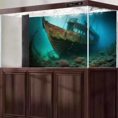 Underwater Shipwreck Aquarium Background Ocean Bottom Abandoned Ship Wreck Fish Tank Background Undersea Rusty Sunken Ship Terrarium Backgrounds Sunken Pirate Ship Reptile Tank Backgrounds 36x24in - color: Blue_Green, size: 36(W)x24(H)in