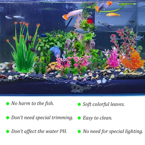 11 PCS Premium Fish Tank Accessories or Fish Tank Decorations,a Variety of Sizes and Styles of Aquarium Plants,Colorful Plastic Plants
