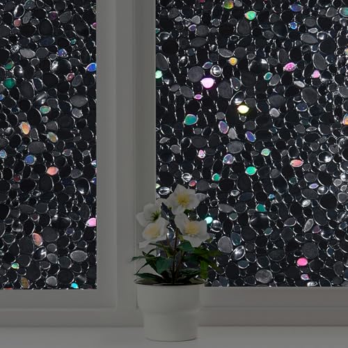 LEMON CLOUD Total Blackout Window Film, Vinyl Clings, Stained 3D Decorative Stickers for Glass, Static Door Window Covering, Privacy Window Blackout Film, Self-Adhesive, Black Pebble(17.5In X157.4In) - color: Black-pebble Pattern, size: 17.5 x 157.4 Inch