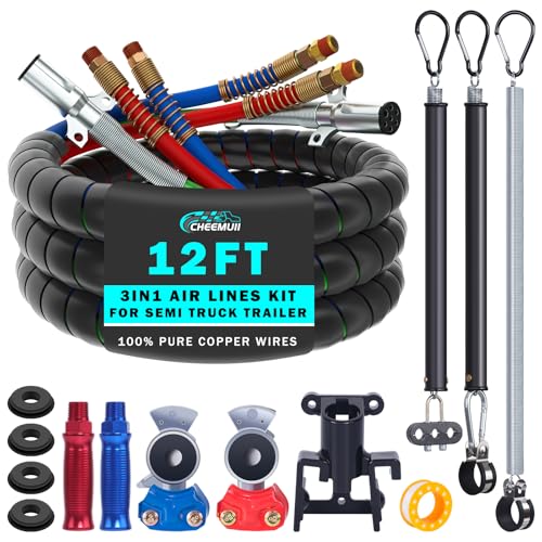 CheeMuii 12 FT Semi Truck Air Line Kit With Gladhand Holder and Springs - Red & Blue Brake Hoses and 7 Way Trailer Cord 3-in-1 for Tractor - size: 12FT-Red&Blue