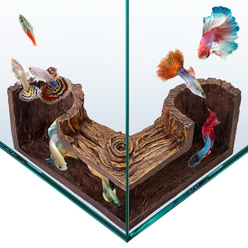 FISHNOSH Aquarium Cave | Natural-Looking Wood-Like BPA-Free Fish Tank Cave for Corners | 5.1” x 2” x 2.7” Fish Hideout for Aquarium | Guppy, Neon Tetra, Corydoras Catfish, Betta Hide | Tank Decor
