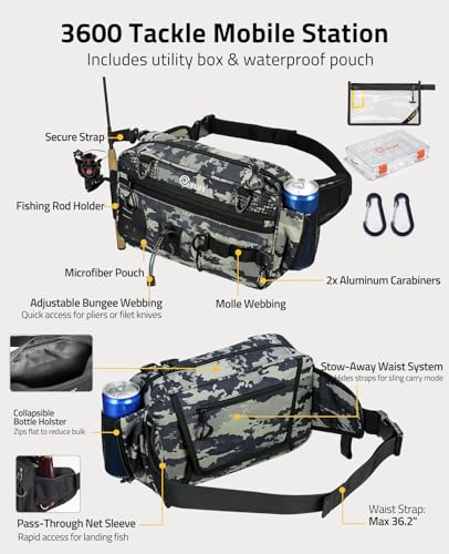 CVLIFE Fishing Tackle Bag Waist Pack with Rod Holder, Water Resistant Fanny Pack Includes 3600 Tackle Box, Waterproof Pouch & Carabiners, Convertible Sling Bag with Net Holster for Gear - color: Shadowstand