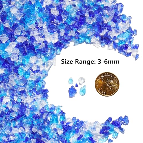 QYGL Crushed Glass - 2.1LB Blue Mixed Broken Glass Pieces 3-6mm, for Resin Art, DIY Crafts, Home Decor, Vase Fillers, Tabletop Fire Pit, and Aquarium Rocks - color: Cobalt Blue, Aquamarine, White