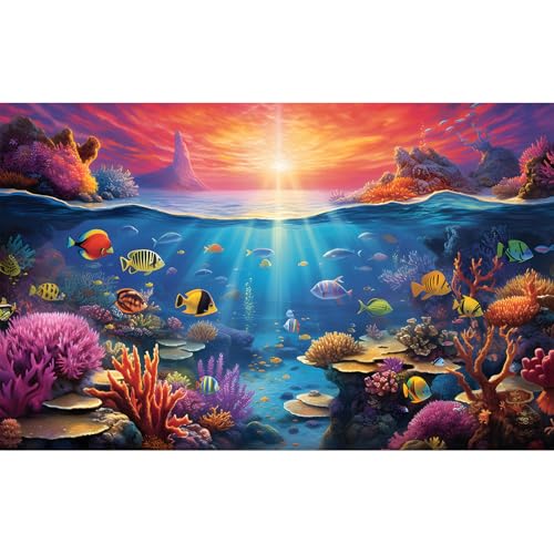 Under The Sea Aquarium Background Underwater Scene with Coral Reef Fish Tank Backdrop Tropical Plants Fishes Natural Ocean Underwater Sunset Seascape Terrarium Background Ocean Theme Backdrop 24x12in - color: Orange Blue, size: 24(W)x12(H)in