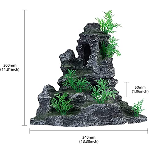 AnRui Aquarium Mountain View Rock Landscaping Decorations Fish Tank Resin Rock Hiding Cave Ornaments with Small Plant - size: 11.5"x 6"x 10.6"
