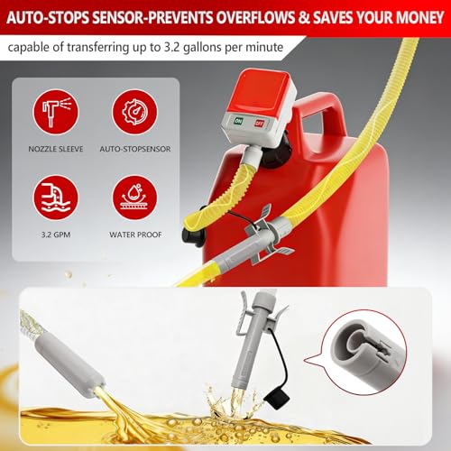 Fuel Transfer Pump (3.2GPM),Gas Can Pump with Hand Nozzle for Quick Stop Flow Control,51" Hose Automatic Gas Pump with 4 Gas Can Fittings, Battery Powered Portable Siphon Pump for Oil,Gasoline, Diesel