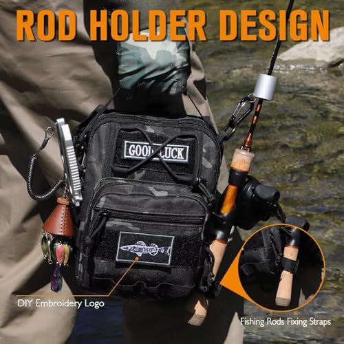 Dovesun Small Fishing Backpack, Waterproof Fly Fishing Sling Pack Tackle Bag with Tackle Boxes - color: C-Size:17.7*8.5*5.7in-Black(NO TACKLE BOX)