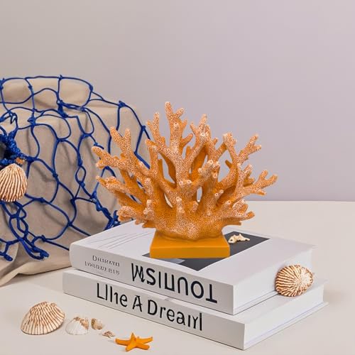 5.8" H Orange Coral Decor - Resin Coral Statue, Nautical Decor for Home, Bedroom, Bathroom, Living Room, Ocean Themed Cabinet Shelf Tabletop Decoration - color: Orange, size: 5.83"H