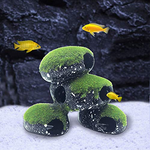Stone Aquarium Hideaway Decoration Resin Cichlids Rock Decor with Artificial Moss Betta Cave Hideout Shelter Tunnel Fish Tank Ornament for Shrimp,Short Bream and Crayfish(L)
